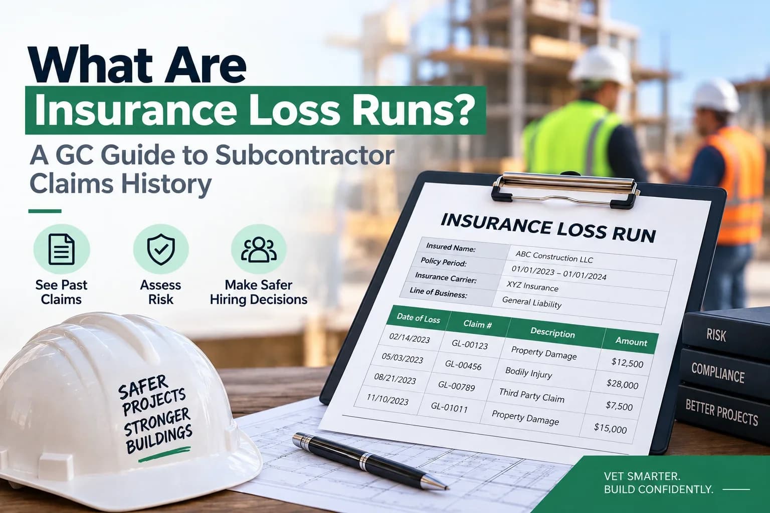 Insurance loss run report for subcontractor claims history and GC risk review